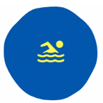 A blue circle with a yellow icon of a person swimming, represented by a stick figure and wavy lines.