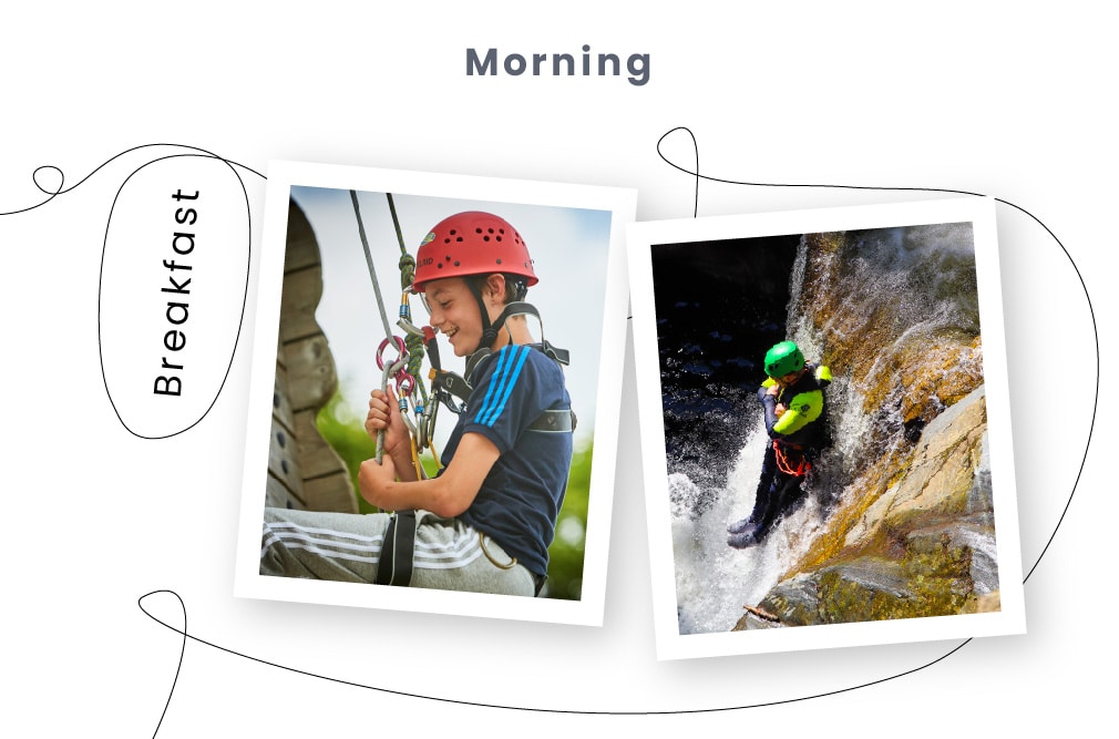 Adrenaline adventure banner showing students climbing with relevant safety features and diving into a river