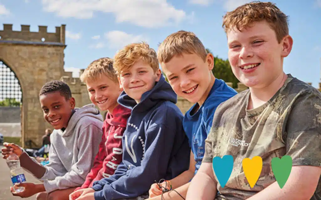 Five boys at the front of a castle