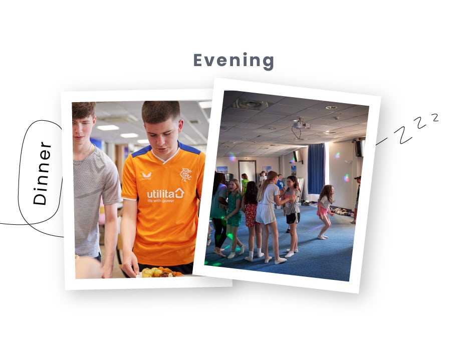 Dinner French tailor made adventure banner with students eating and socialising