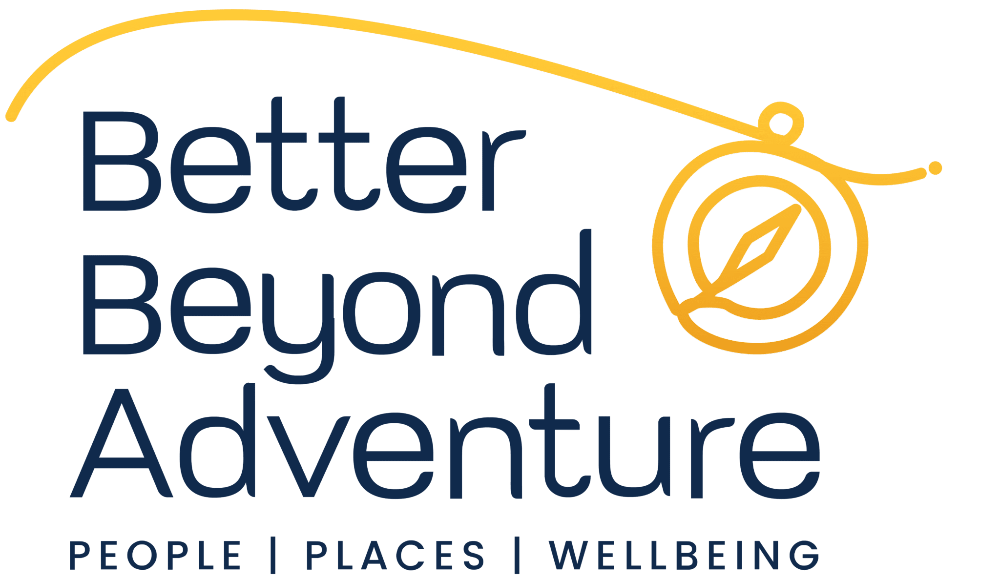 Logo featuring the text "Better Beyond Adventure" with a stylized yellow line drawing of a compass and leaf. Below the main text, the words "People | Places | Wellbeing" are displayed.