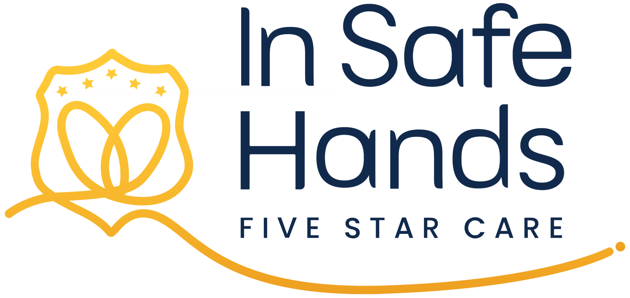 Logo for "In Safe Hands Five Star Care" featuring a gold emblem with stars and a butterfly design on the left, and the company name in blue text on the right.
