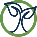 A stylized graphic of two leaves within a green circular border.