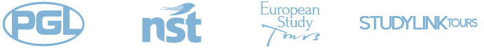 Logos for four organizations: PGL, NST, European Study Tours, and StudyLink Tours, all displayed in light blue on a black background.