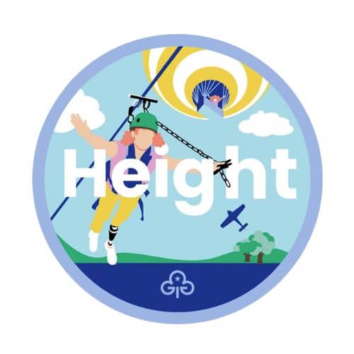 Illustration of a person wearing a helmet and harness zip lining, with a hot air balloon, airplane, and landscape in the background. The word "Height" and a logo are prominently displayed.