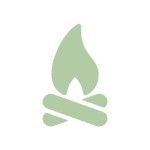 A simple, stylized green icon of a campfire with logs at the base and a flame above.