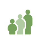 Simple, stylized graphic of three human figures of varying heights in green shades, representing a diverse or multi-generational group.