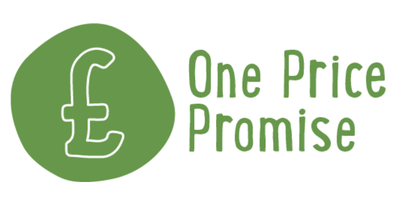 Green logo with a British pound symbol inside a rounded shape, accompanied by the text "One Price Promise" on the right.