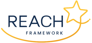 A logo with the word "REACH" in bold blue text, "FRAMEWORK" in smaller blue text underneath, and a yellow star connected by a line originating from the letter "H" in "REACH.