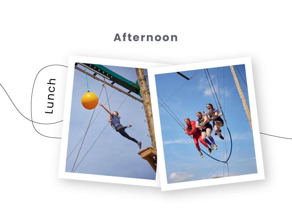 Two photos depict people participating in high ropes course activities, including a person swinging from a yellow ball and three individuals on a tandem zip line. Text labels the section as "Afternoon.