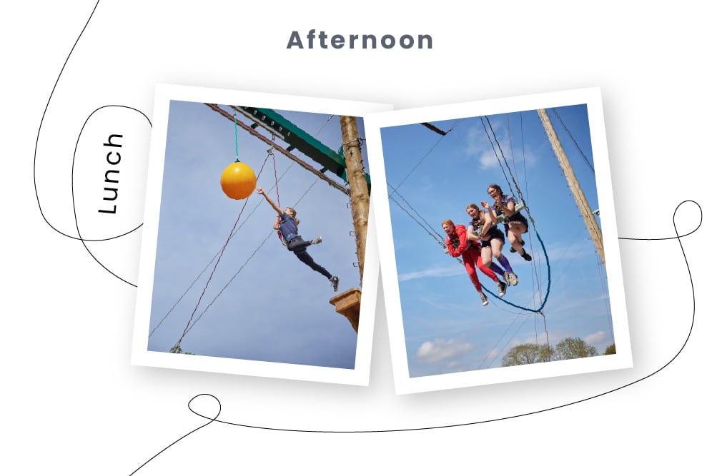 Two photos from an afternoon activity: one shows a person hanging from a ball on a rope, the other shows three people seated together while suspended in the air.