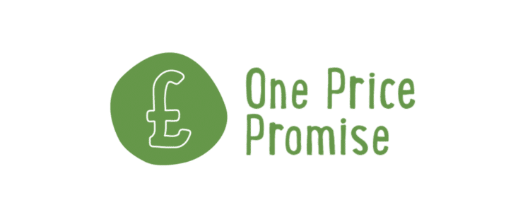 Green icon with a white outline of a pound sign next to the text "One Price Promise" in green.