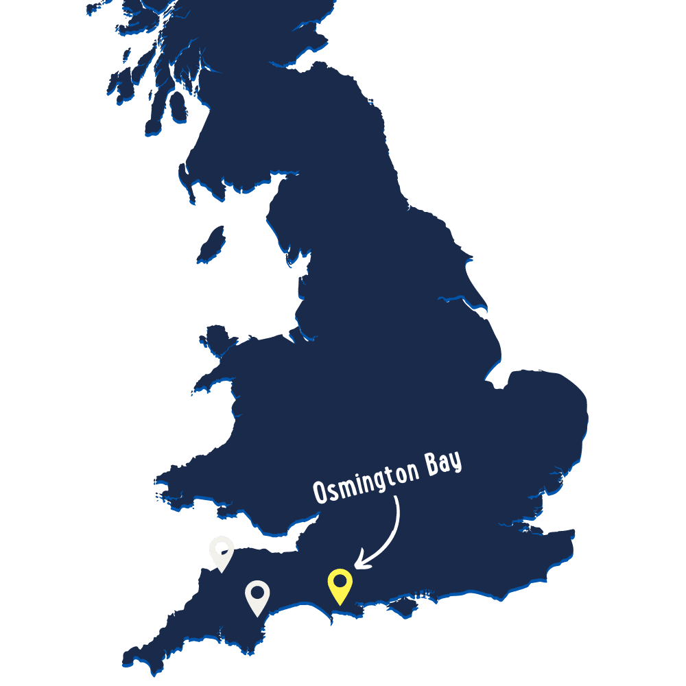 A map of the United Kingdom highlighting Osmington Bay on the southern coast with a marked yellow location pin.