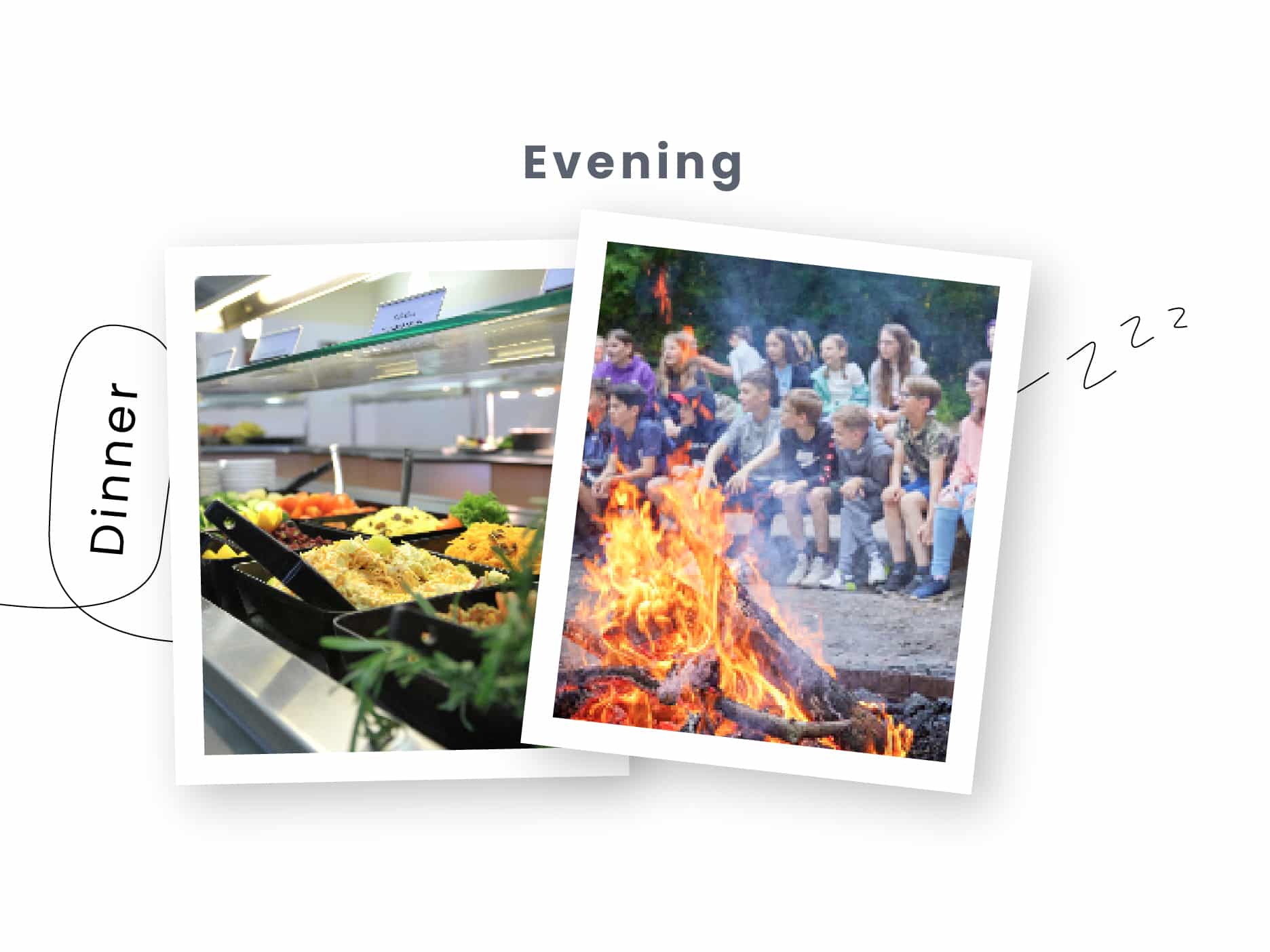 Two photos labeled 'Dinner' and 'Evening'. The first photo shows a buffet with various dishes, showcasing the multi-activity evening. The second photo captures a group of people seated around a campfire.