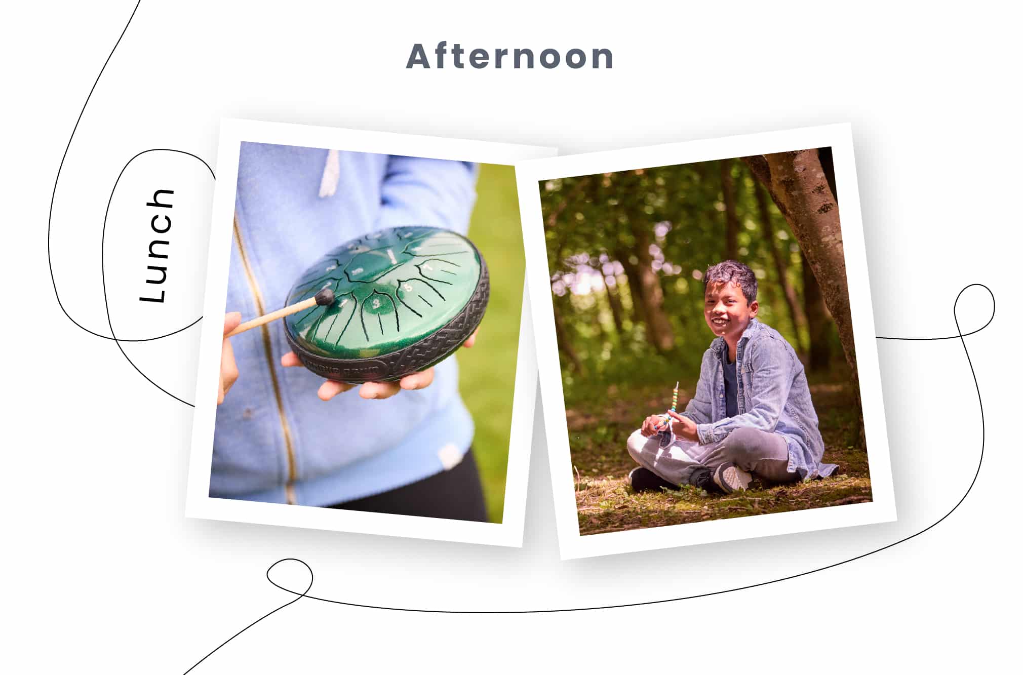 Two photos under the heading "Afternoon Lunch": one showing a person holding a green handpan, another showing the same person sitting on the grass enjoying their lunch. This multi-activity snapshot captures both relaxation and creativity.