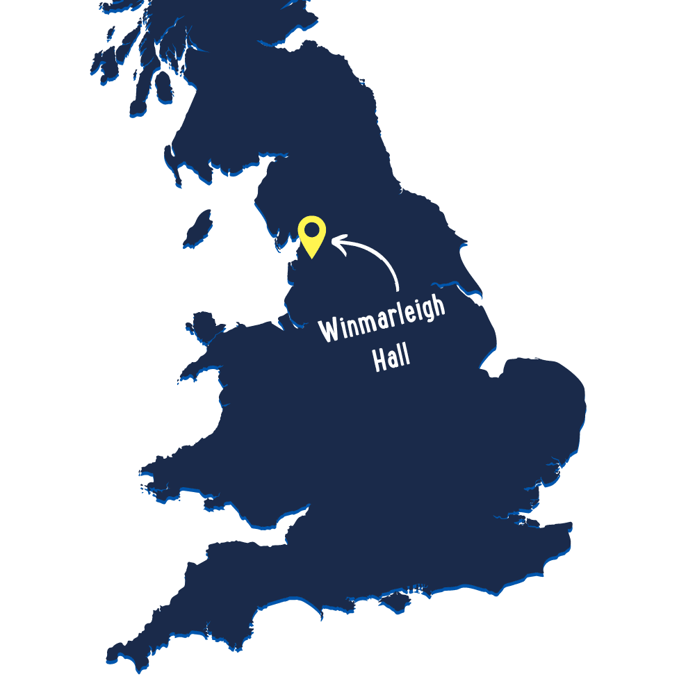 A map of the UK highlighting Winmarleigh Hall's location with a yellow pin and arrow.