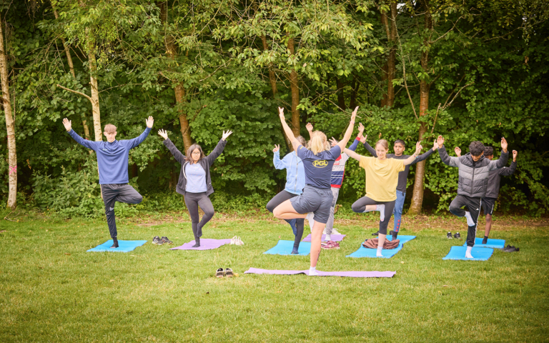 People are practicing yoga on mats in an outdoor park, guided by an instructor. They are in a tree pose with arms raised, surrounded by trees and grass, creating a serene setting for multi-activity wellness.