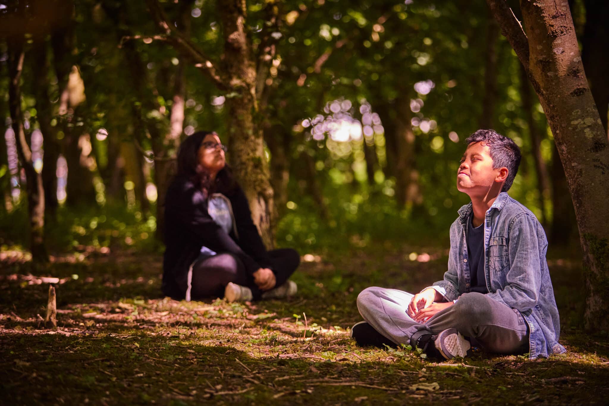 Two people sit on the forest floor, practicing mindfulness for students. One is in the foreground with closed eyes, while the other sits in the background, both surrounded by trees and dappled sunlight, embracing tranquility.