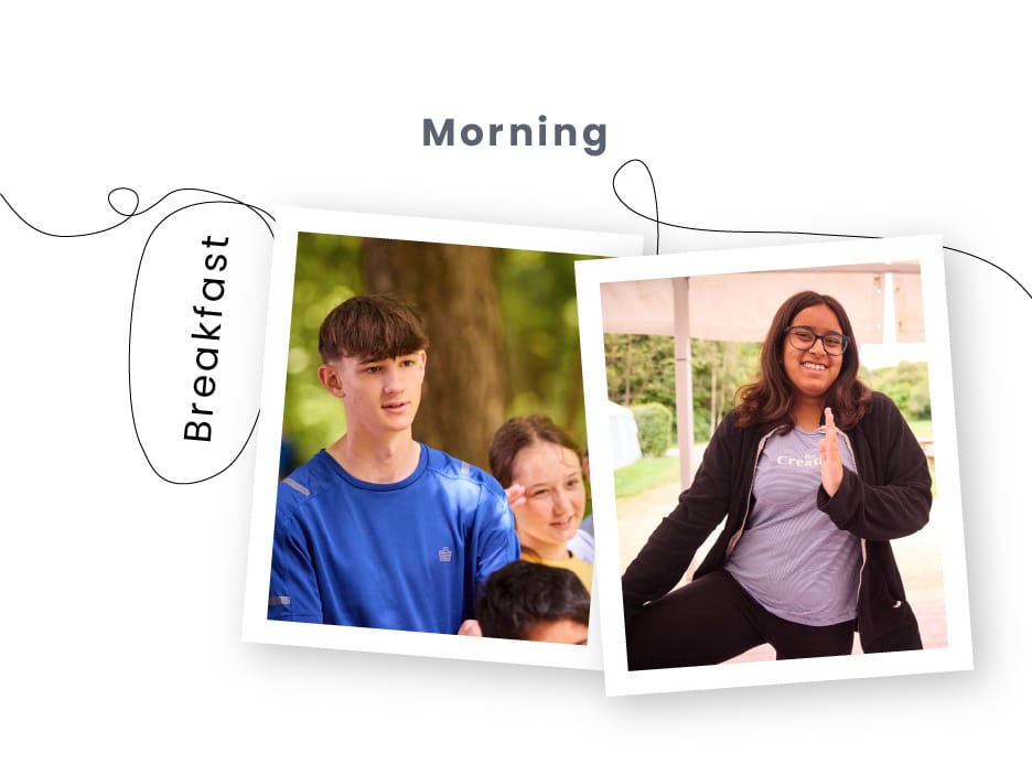 Two photos side by side capture a day of multi-activity. Left: Person in a blue shirt enjoying the outdoors. Right: Person in a gray shirt smiling indoors. The word "Morning" graces the top, while "Breakfast" is written vertically between them.