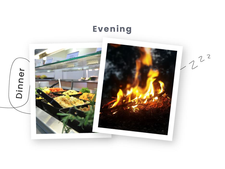 Collage showcasing a multi-activity evening: a buffet dinner with various dishes on the left and a campfire under the starry night on the right, all beneath the heading "Evening.