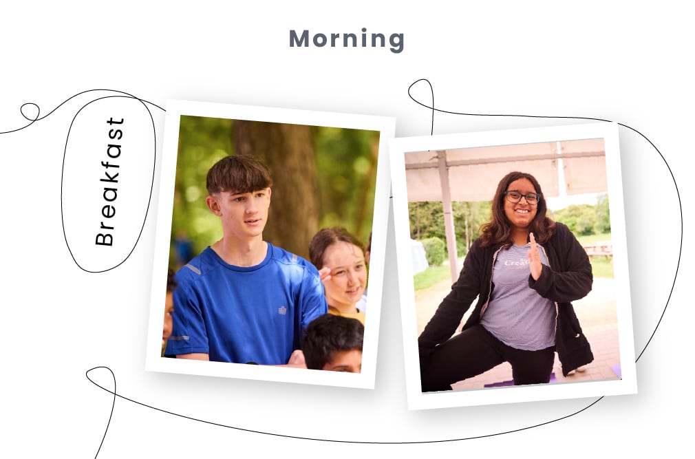 Two photos capture a young man in a blue shirt and a young woman in glasses and a gray shirt, engaging in multi-activity scenes labeled "Breakfast" and "Morning," each adorned with a curly line design.