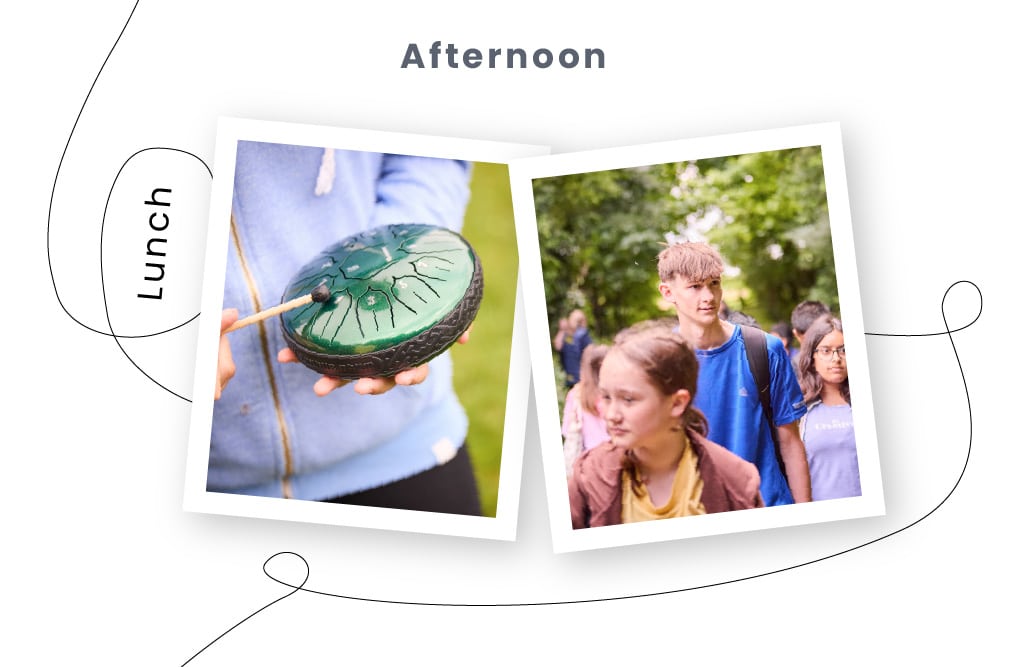 The left image captures a person deeply engrossed in playing a handpan, while the right showcases a lively scene of multi-activity with people strolling through the park.