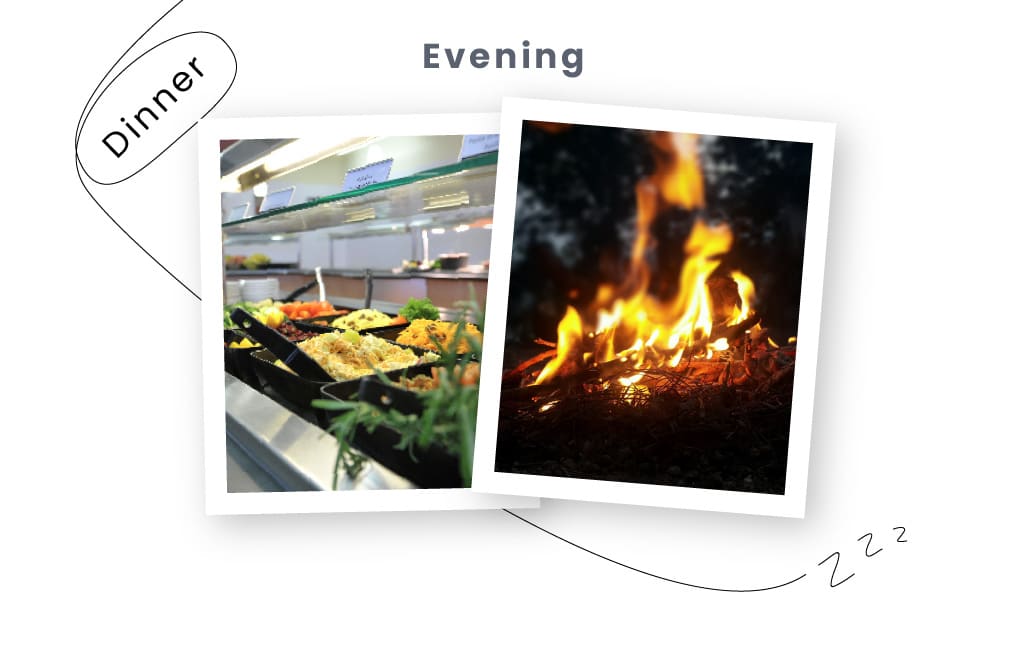 Two images encapsulate a multi-activity evening: one captures the inviting allure of a buffet dinner setup, while the other reveals the mesmerizing glow of a campfire burning against the night sky.