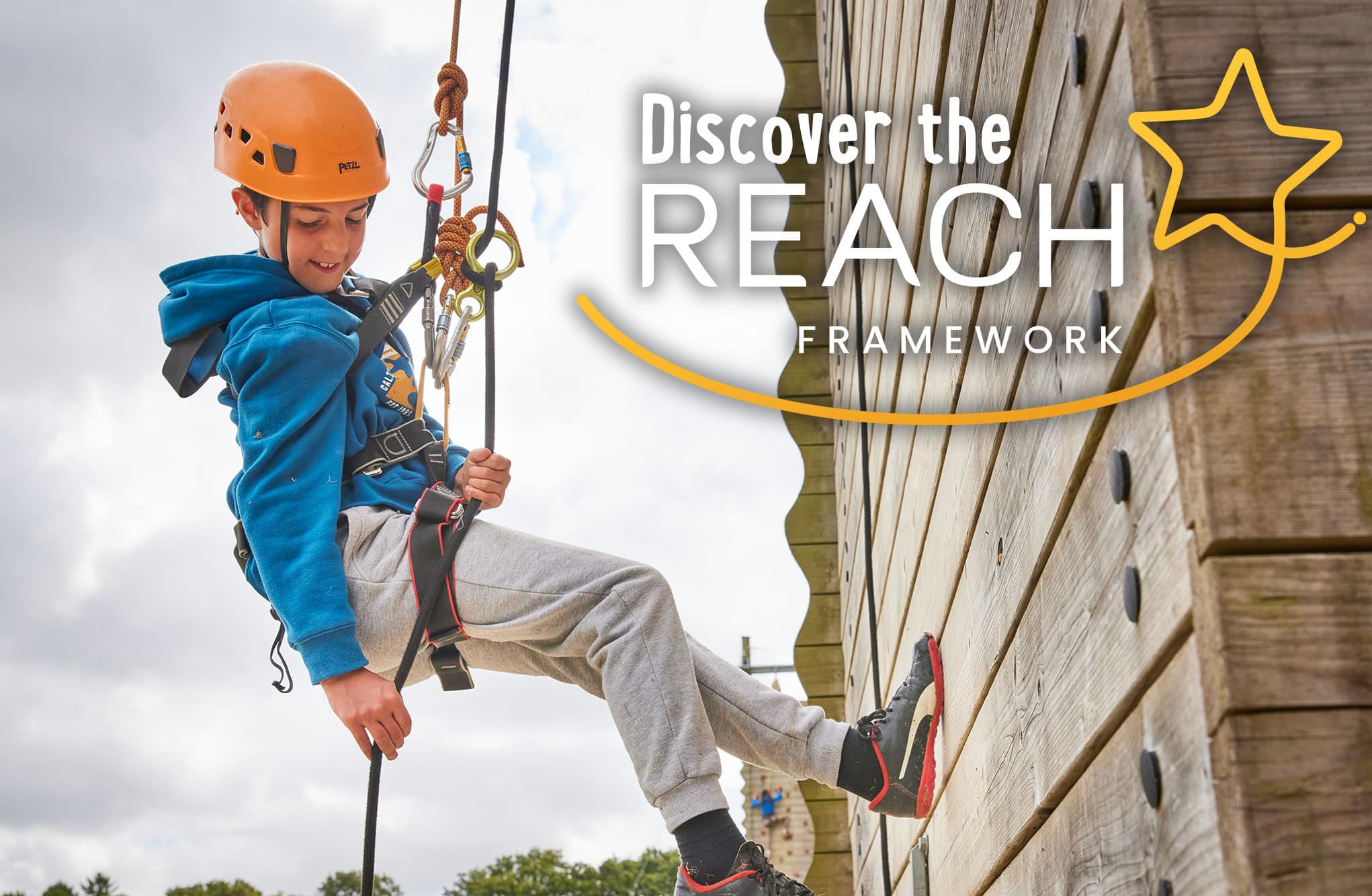 A child wearing a helmet and harness climbs a wooden wall. Text overlay reads, "Discover the REACH Framework" with a star graphic.