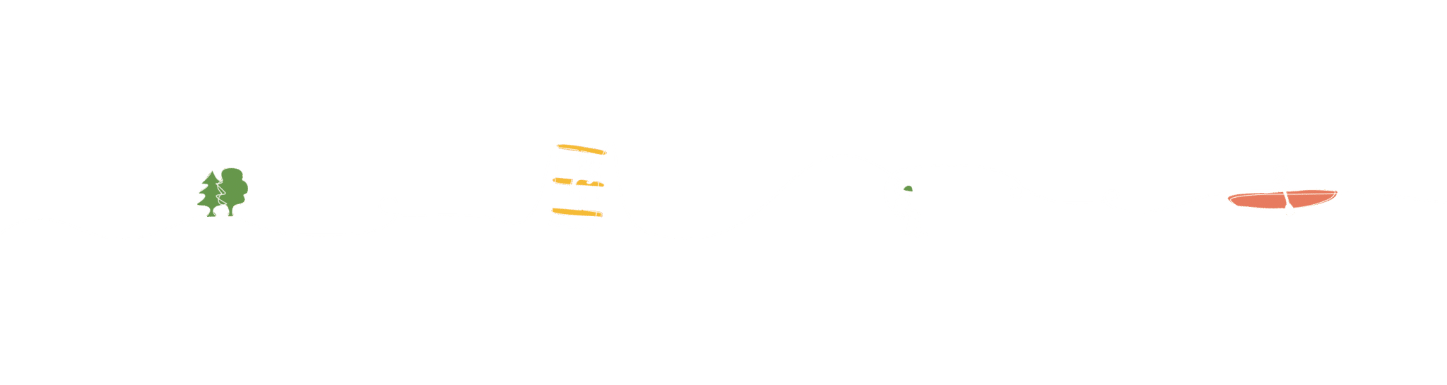 A minimalist line drawing shows a tree, a playground swing set, a person swinging, and a person in a canoe on water, all connected by a single continuous line.