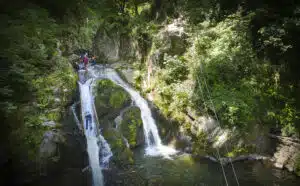 People enjoying a multi-activity adventure canyoning down a narrow waterfall surrounded by mossy rocks and dense green forest, with ropes and safety equipment visible.