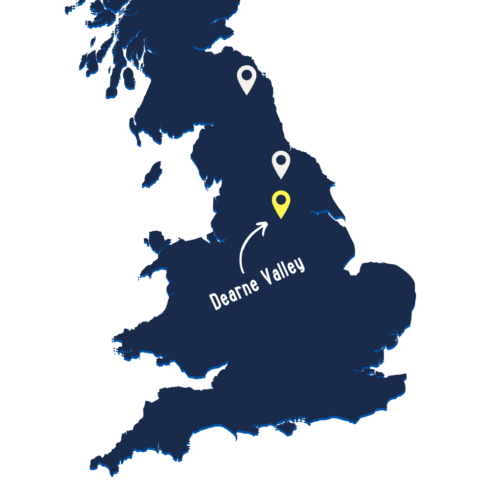 Map of the United Kingdom showing three marked locations, with an arrow pointing to the southernmost marker labeled "Dearne Valley.