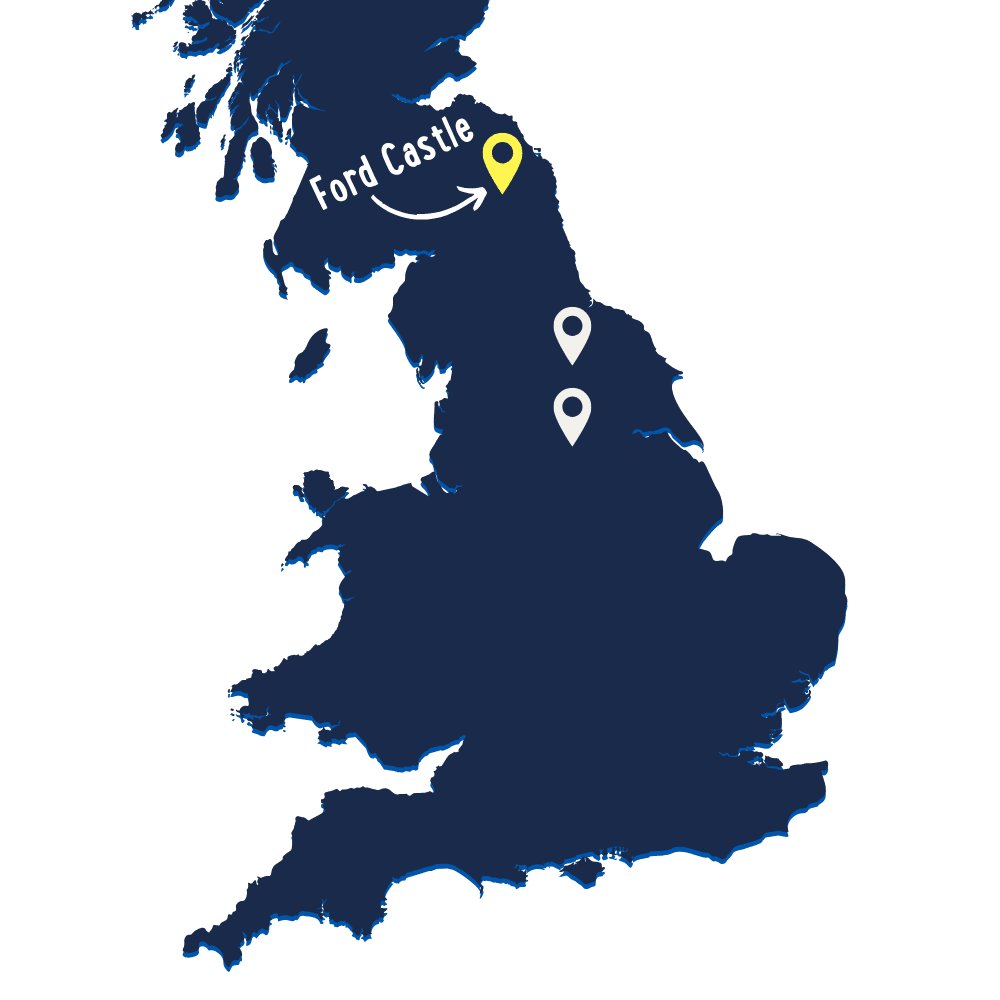 A map of England highlighting the location of Ford Castle in the north, with two additional marker pins placed farther south.