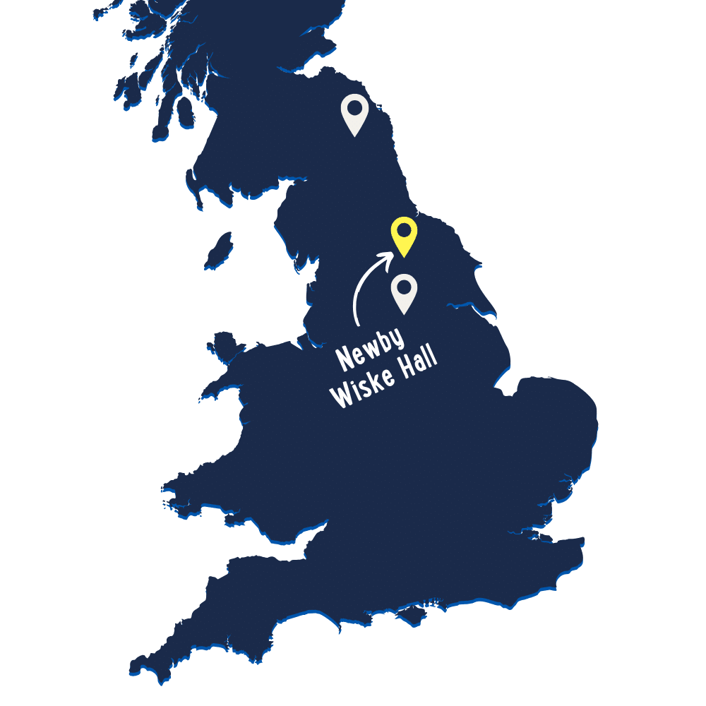 A dark blue map of England with three location pins, highlighting Newby Wiske Hall in the northeast with a yellow pin and labeled text.