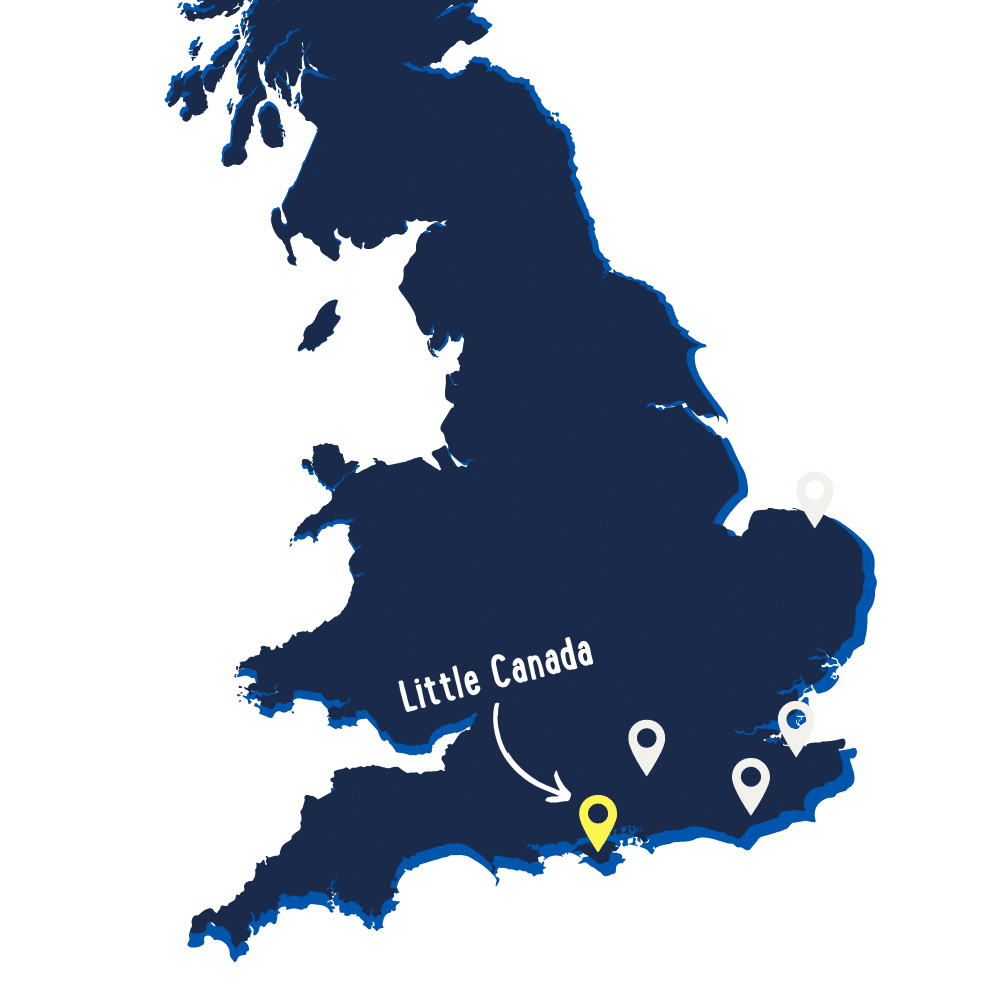 Map of southern England with a labeled location, "Little Canada," marked by a yellow pin and arrow; three other white location pins are shown in the southeast.