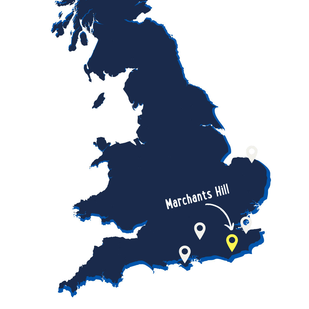 Map of southern England with a highlighted location labeled “Marchants Hill” and three other marked points.
