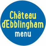 A blue circle with yellow text reading "Château d'Ebblingham" and white text reading "menu" below it.