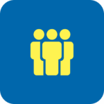 Yellow icon of three people standing side by side on a blue background, representing a multi-activity group.