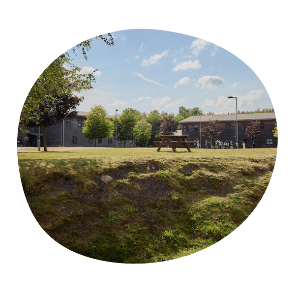 A grassy area with a picnic table in front of modern buildings, trees, and people in the background under a partly cloudy sky.