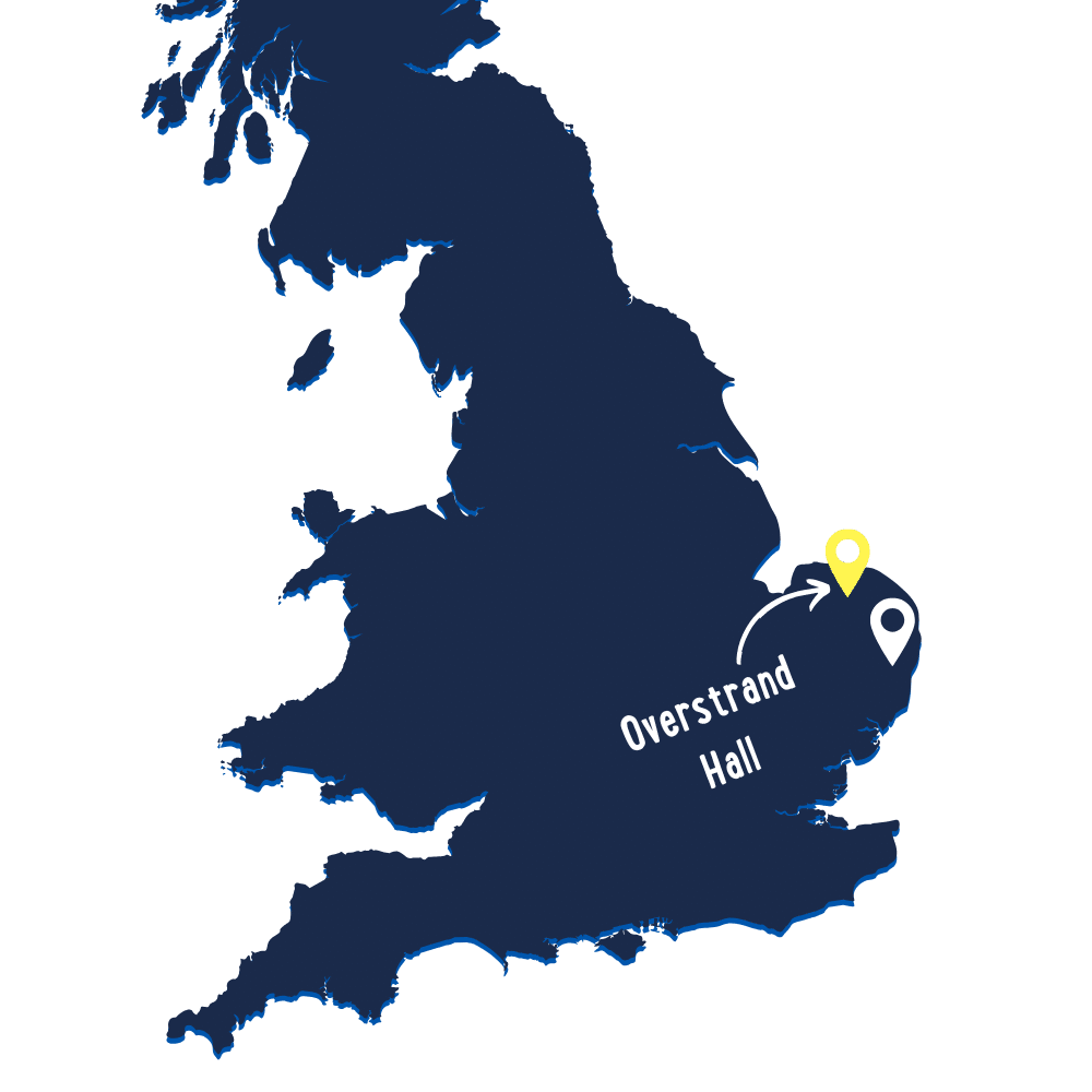 A map of England with a marker indicating the location of Overstrand Hall on the eastern coast.