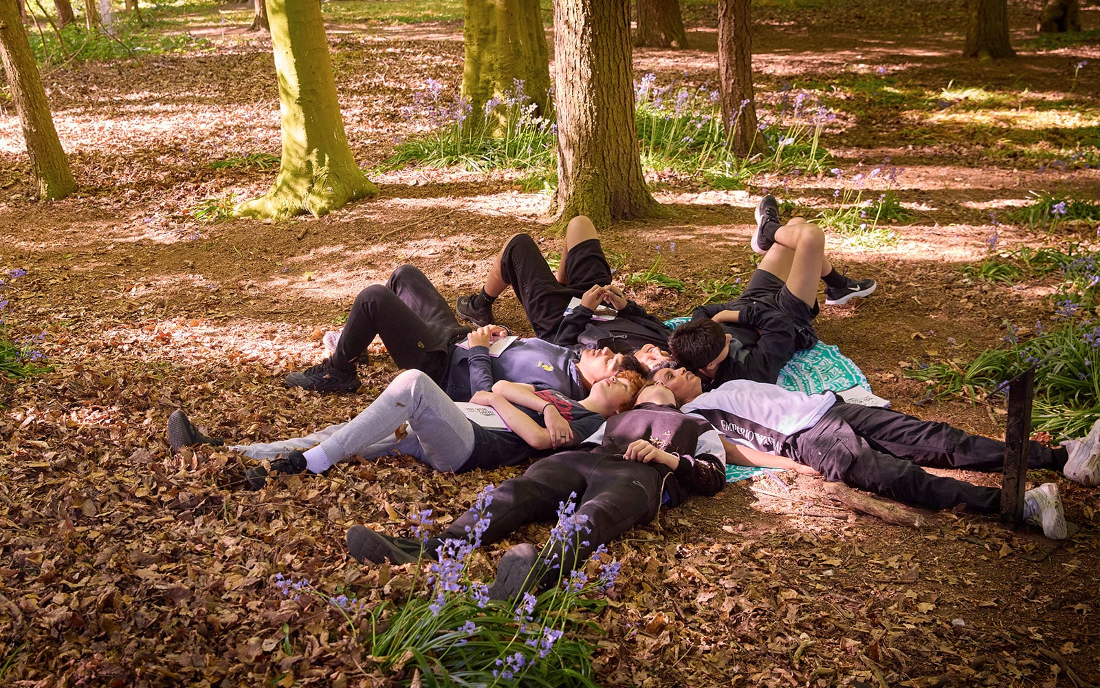 Five people are lying on the ground in a forest, heads together in a circle, surrounded by fallen leaves and scattered bluebell flowers, creating a peaceful moment during their multi-activity outdoor adventure.