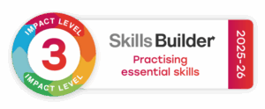 A colorful, multi-activity badge showing "Impact Level 3" for the Skills Builder program 2025-26, with the text "Practising essential skills.