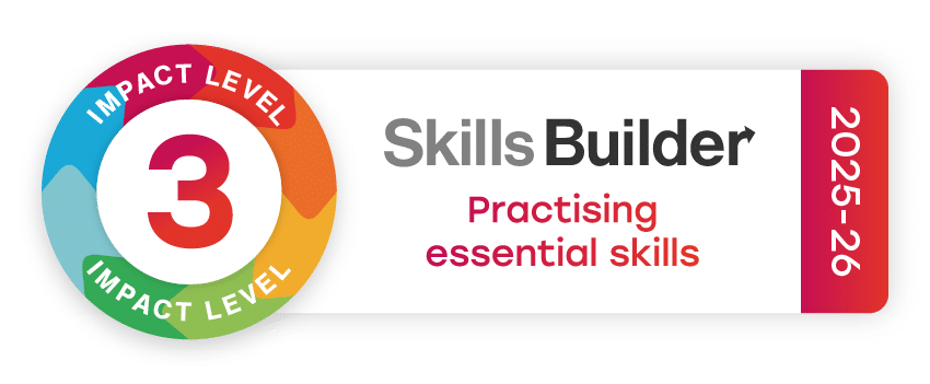 A colorful, multi-activity badge showing "Impact Level 3" for the Skills Builder program 2025-26, with the text "Practising essential skills.