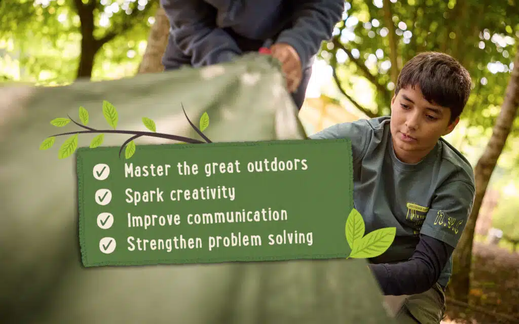 A boy sets up a tent outdoors while a list highlights skills gained: mastering outdoors, sparking creativity, improving communication, and strengthening problem-solving.