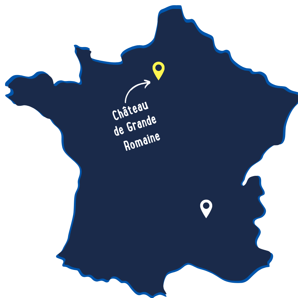 Map of France with two marked locations. The northern marker is labeled "Château de Grande Romaine"; the southern marker is unlabeled.