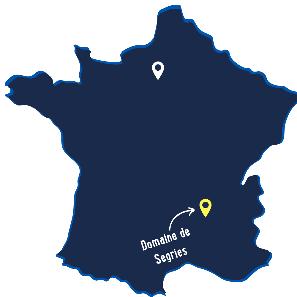 A map of France highlights a location in the south labeled "Domaine de Segries," with another marker in the north.