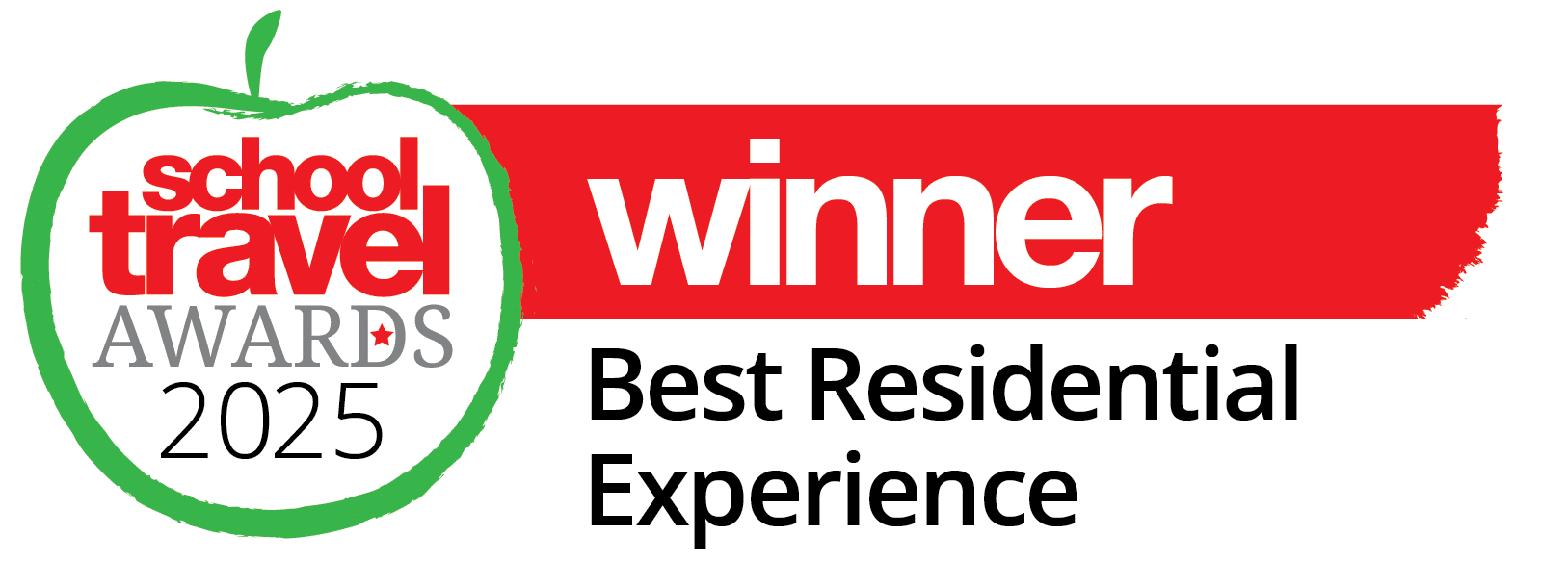 School Travel Awards 2025 logo with text “winner Best Residential Experience” inside an apple outline.