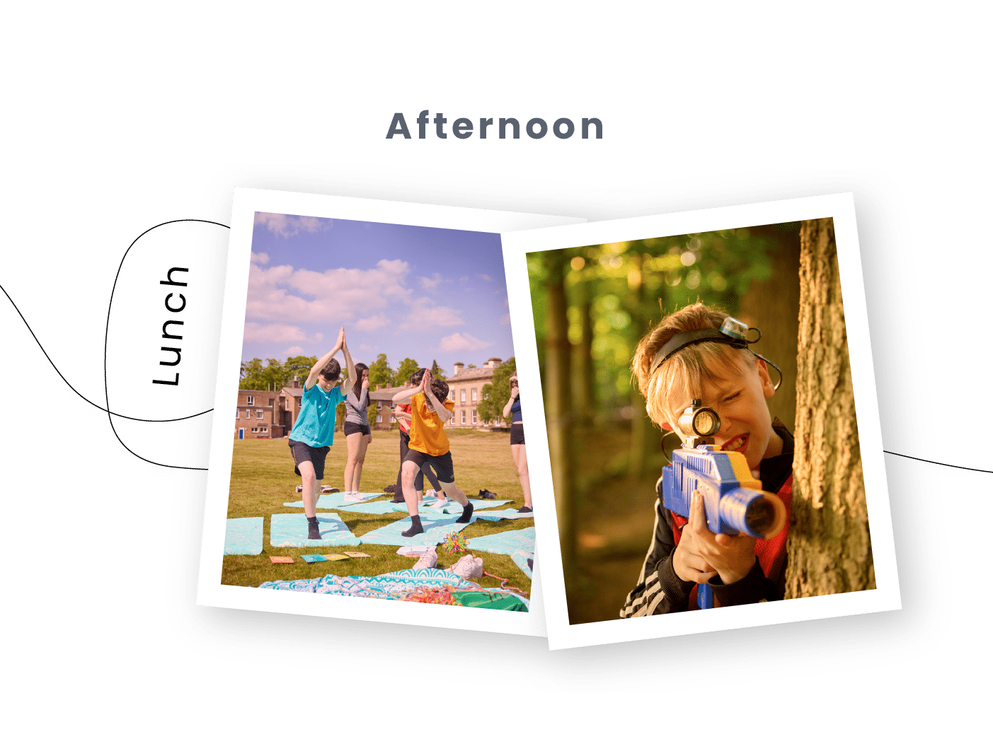 Two photos: one shows children doing yoga on mats outdoors under a clear sky; the other captures a child aiming a blue toy blaster behind a tree in a wooded area—perfect examples of multi-activity fun.
