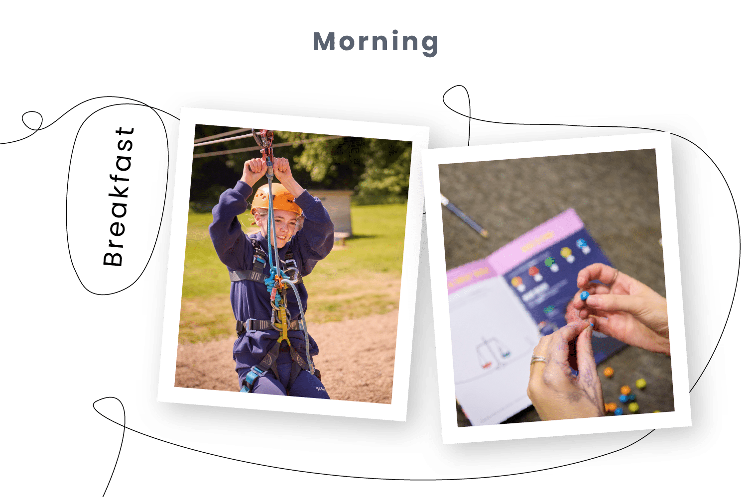 A child wearing a helmet enjoys a multi-activity morning—riding a zipline while nearby, hands assemble colorful pieces next to an instruction booklet. The text reads "Morning" and "Breakfast.