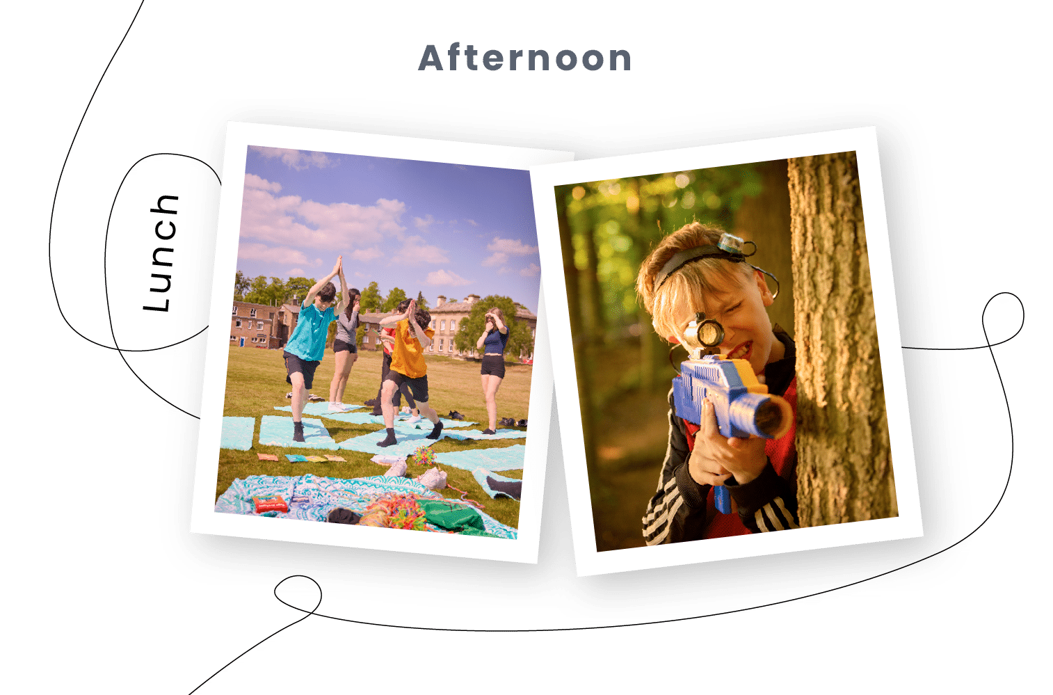Two photos: one shows children enjoying a multi-activity session with yoga on mats outside during lunch; the other captures a child aiming a toy blaster behind a tree in a wooded area.