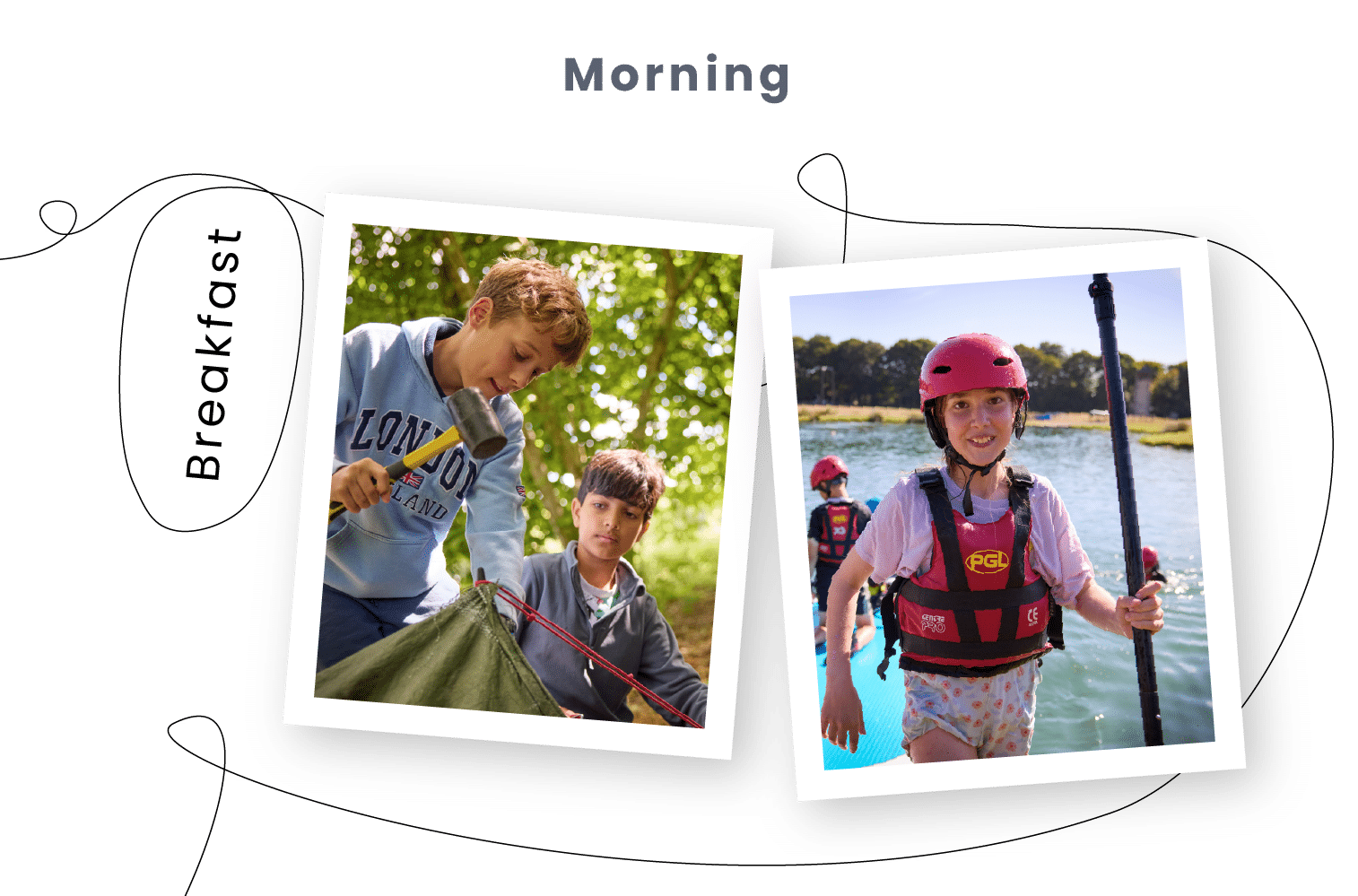 Two photos: one shows boys setting up a tent outdoors, the other shows a girl wearing a helmet and life jacket standing on a paddleboard in a lake. "Morning" and "Breakfast" are labeled.